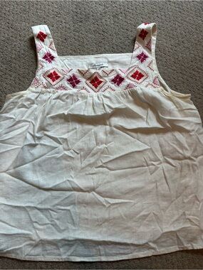 Madewell Linen Cream Tank with Pink & Red Embroidered Diamonds
